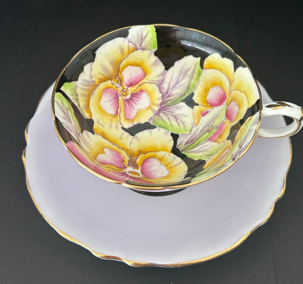 Vintage Paragon Hand Painted Yellow Pink Pansy Black Interior Pansies Cup Saucer